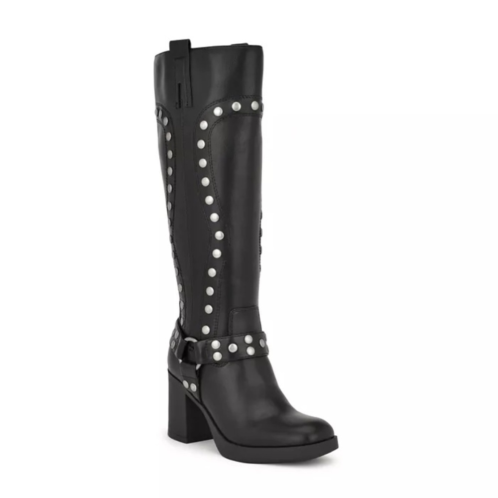 Nine West Cert Knee High Boots Black Studded Square Toe Block Heel ,Size 7.5 NEW